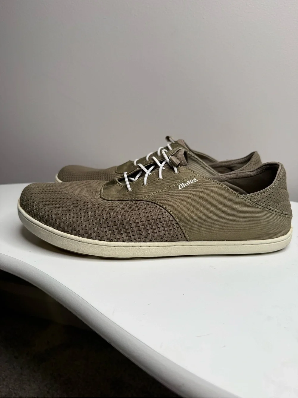 OluKai Men's Olive Taupe Slip-On Loafers with Cream Sole